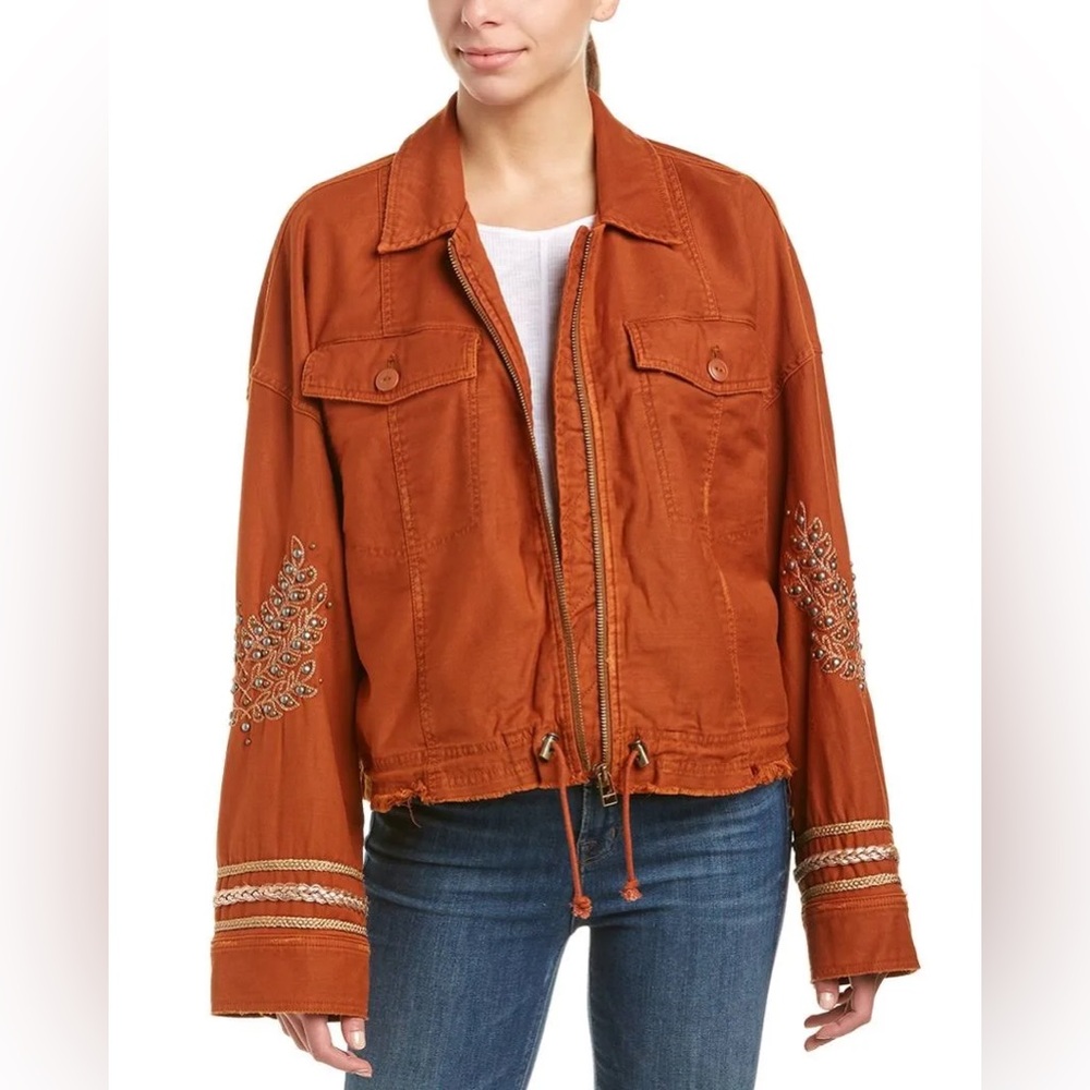 Free People‎ Burnt Orange Cropped Studded Military Jacket Sz. M - Picture 2 of 10